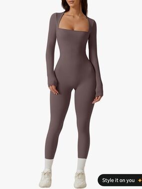Long Sleeve Square Neck Bodysuit Jumpsuit in Taupe